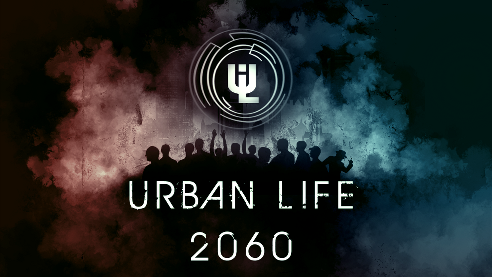 Screenshots: Ansichten einer Spieler-Wohnung, einer Stadt und eines Stadtteils, au?erdem das "Urban Life-Logo"