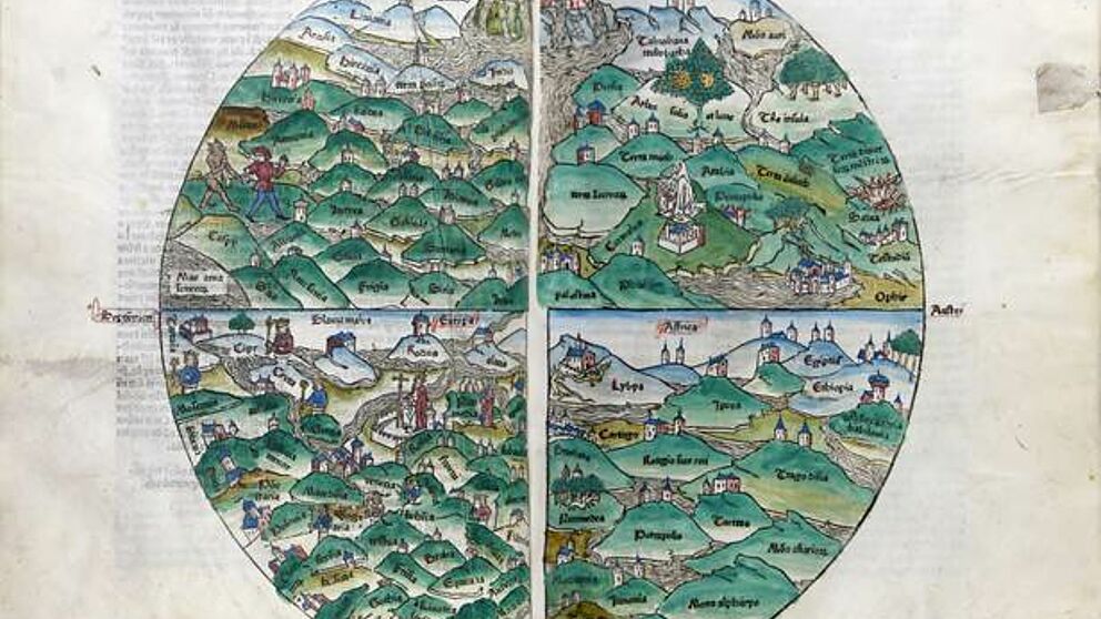 Abbildung: Weltkarte, Rudimentum Novitiorum, Lbeck: Lucas Brandis, 1475 (Rostock, Universit?tsbibliothek, Rb 90, fol. 74v-75r)